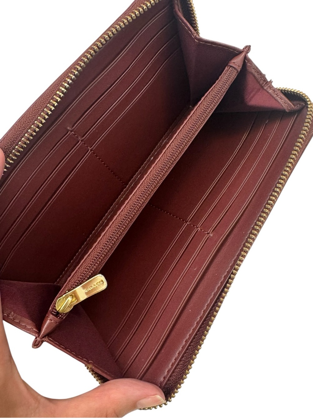 COACH Dempsey Signature Zip Around Wallet in Brown with Orange Patch - Picture 4 of 14